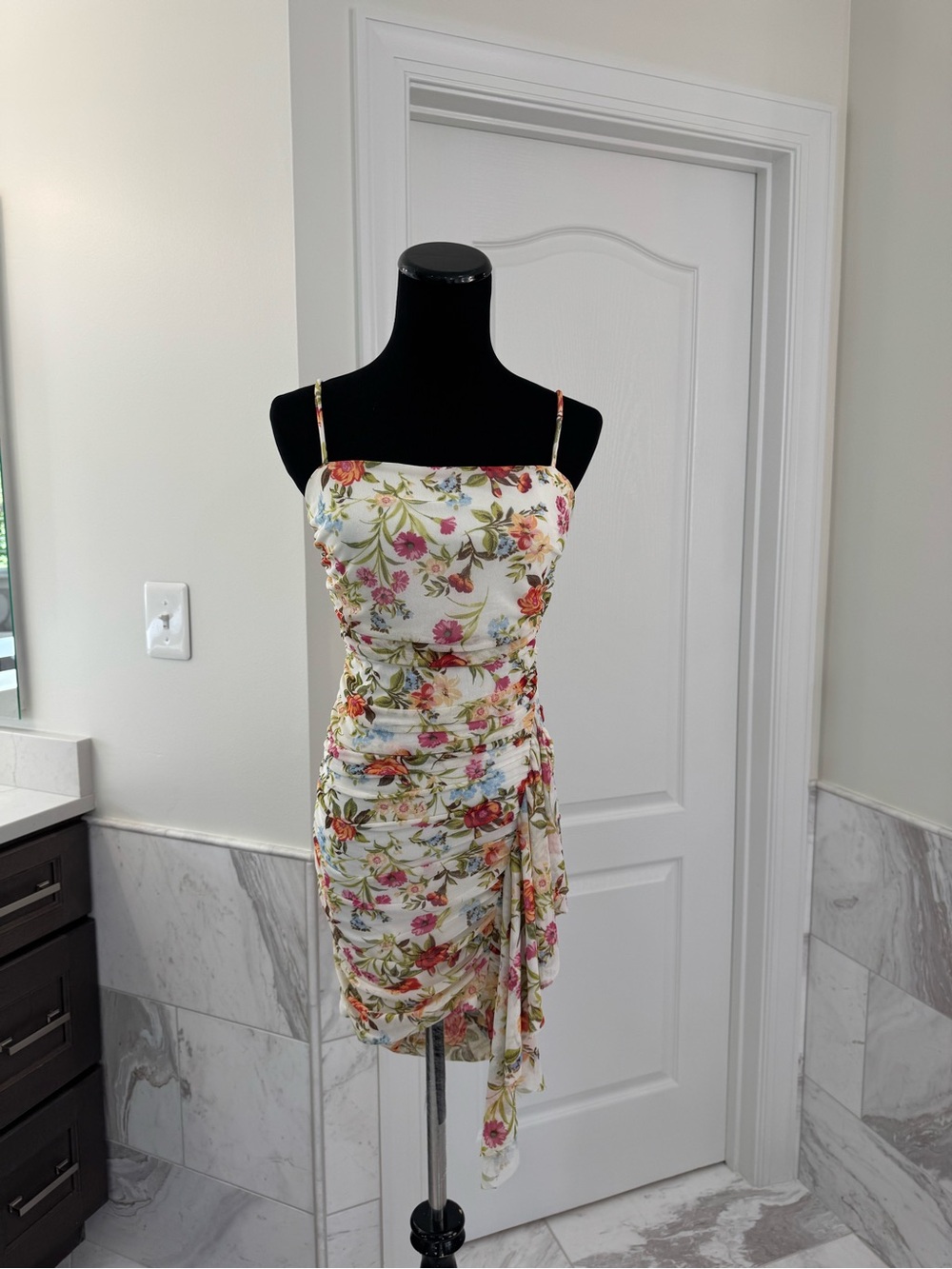 City Studio White Floral Spaghetti Strap Ruched Mini Dress